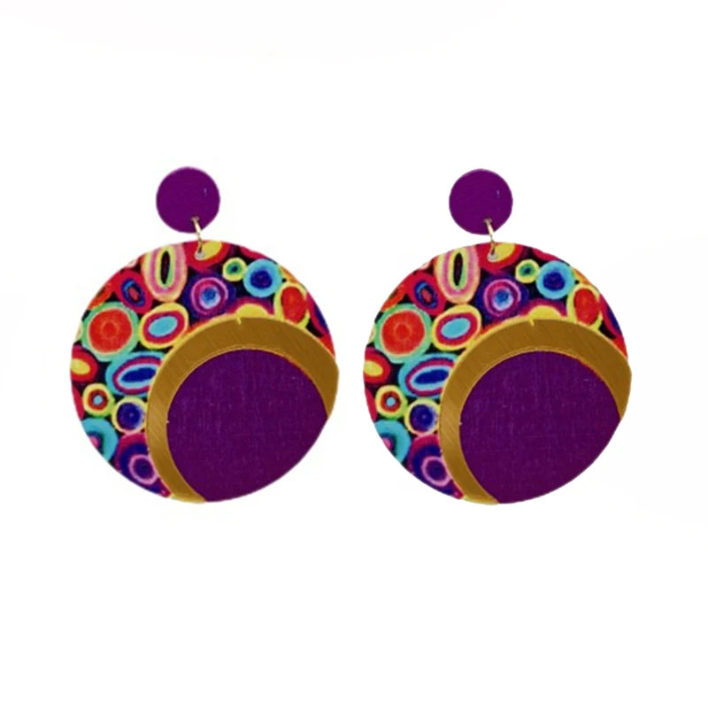 Fashion Exaggerated Round Earrings Printed Colorful Wooden Earrings for Women Ethnic Statement Jewelry Party Wedding Gift